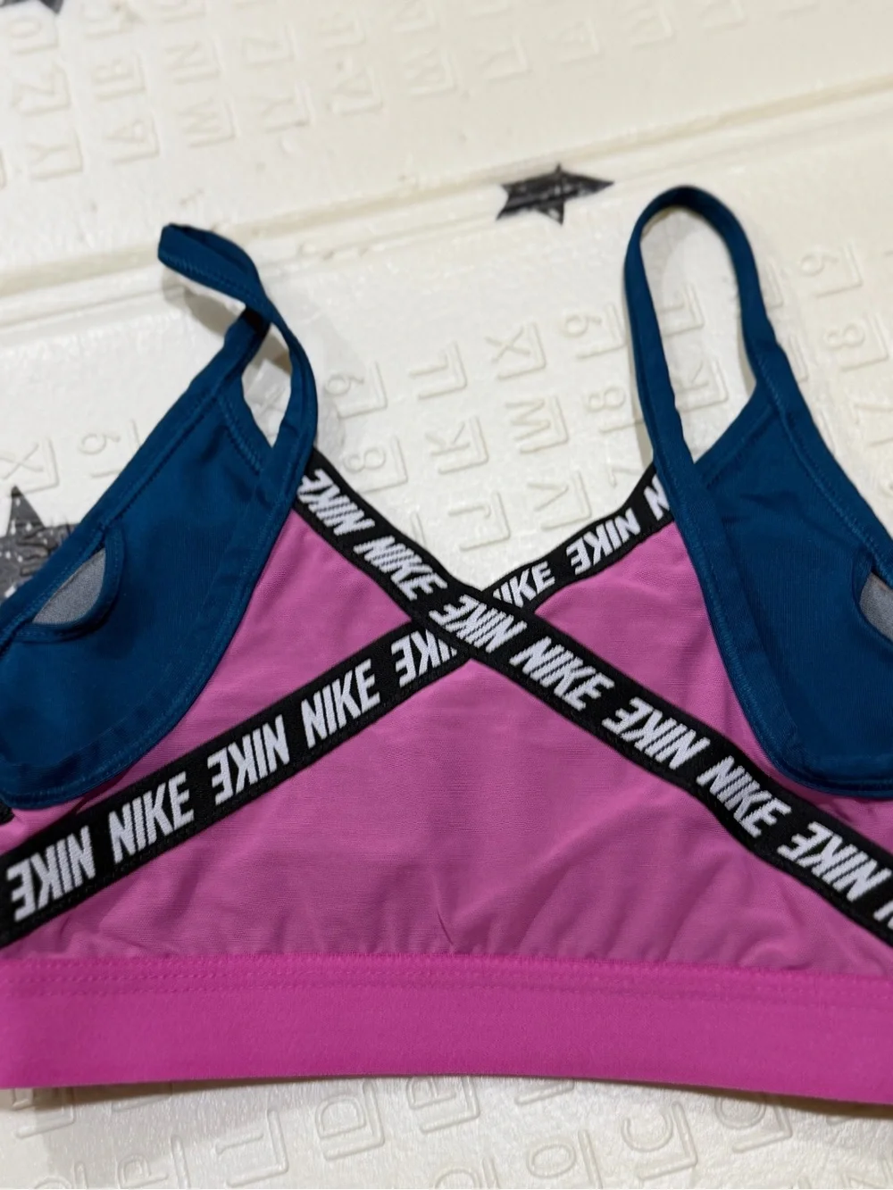 Nike Women's Teal and Magenta Logo-Trim Bikini Top